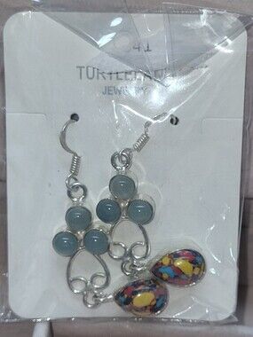 Brand New Turtleland Jewelry Boho Silver Dangle Earrings Mosaic Teardrop Blue